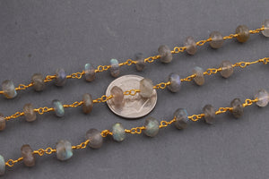 1 Feet Labradorite 6mm Rondelles Rosary Style Chain 24k Gold Plated Wire Wrapped Beaded Chain BD174 - Tucson Beads