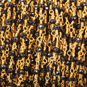 5 FEET Black Spinel 2.5mm-3mm Rosary Style Beaded Chain -Black Spinel Beads wire wrapped 24k Gold Plated Chain BDG001 - Tucson Beads