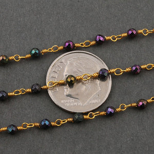 5 Feet Black Spinel Pink Coated 3mm  Rosary Style Beaded Chain - Black spinel Beads wire wrapped 24k Gold Plated chain BDG071 - Tucson Beads