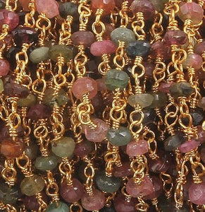 5 Feet Multi Tourmaline 3-3.5mm Rosary Style Beaded Chain - Multi Tourmaline Beads wire wrapped 24k Gold Plated chain per foot BDG008 - Tucson Beads