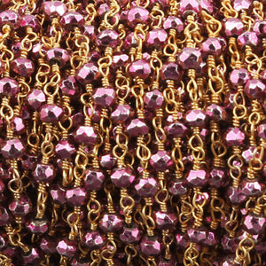 10 Feet Dark Pink Pyrite 3mm Beaded Chain - Dark Pink Pyrite Beads Wire Wrapped 24k Gold Plated Chain BDG037 - Tucson Beads