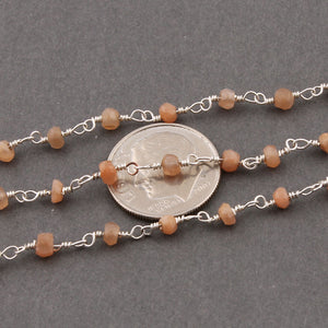 5 Feet Peach Moonstone 3mm Rosary Style Beaded Chain - Peach Moonstone Beads Wire Wrapped 925 Silver Plated Chain 3mm Bds027 - Tucson Beads