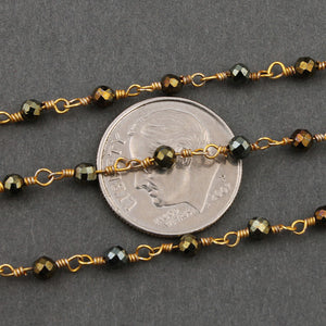 5 Feet Black Spinel Brown Coated 3mm Rosary Style Beaded Chain - Black Spinel Beads Wire Wrapped 24k Gold Plated Chain BDG058 - Tucson Beads