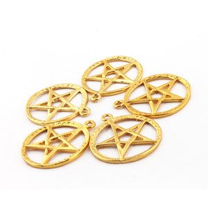 5 Pcs Fancy five-pointed traditional “wiccan” star within circle.  24K Gold Plated on Copper - Round Star Pendant 32mmx28mm Gpc083 - Tucson Beads
