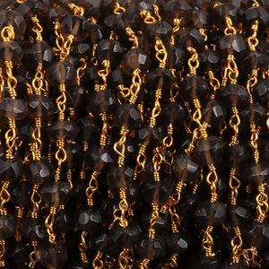 5 Feet Smoky Quartz Rondelles Rosary Style 4.5mm-5mm Beaded Chain - Smoky Quartz Beads Wire Wrapped 24k Gold Plated Chain BD1112 - Tucson Beads