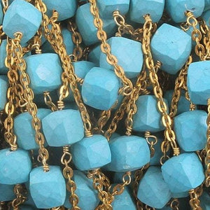 3 Feet Turquoise Stablized Cubes 9mm Beaded Chain - Box Shape Beads Wire Wrapped 24 k Gold Plated Chain BD254 - Tucson Beads
