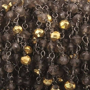 5 Feet Smoky Quartz and Gold Pyrite Black Wire Wrapped 3mm-3.5mm Beaded Chain Bdb057 - Tucson Beads