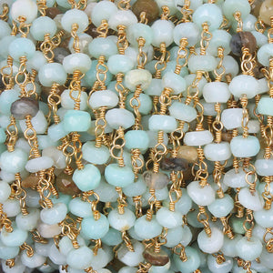 Peru opal  Ronelle Rosary Style Beaded Chain - Peru opal Beads wire wrapped 24k Gold Plated chain per foot BDG004 - Tucson Beads