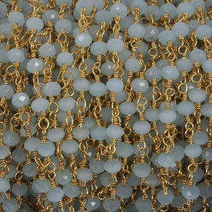 5 Feet Blue Aqua Chalcedony 3mm-3.5mm Rosary Style Beaded Chain -Chalcedony Beads 24k Gold Plated Wire Wrapped Chain BDG009 - Tucson Beads