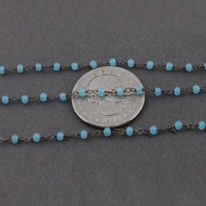 5 Feet Blue Aqua Chalcedony Rosary Style Beaded Chain 3mm, Black Wire Wrapped Chain- Chalcedony Rosary Chain Bdb028 - Tucson Beads