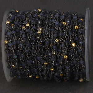 5 Feet Iolite and Gold Pyrite Black Wire  Wrapped Beaded Chain - Iolite Beads in Black wire wrapped chain Bdb033 - Tucson Beads