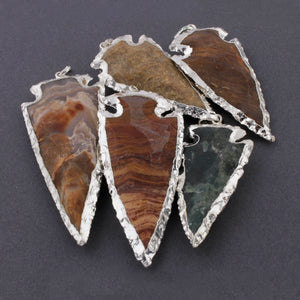 5 Pcs Brown Jasper Arrowhead 925 Silver Plated Charm Pendant -  Electroplated With Silver Edge 53x26mm-74x32mm AR270 - Tucson Beads