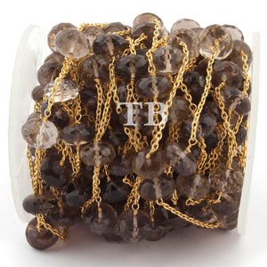 2 Feets Smoky Quartz Rondelle Rosary Style Beaded Chain - Smoky Quartz Beads Wire Wrapped 24k Gold Plated 8mm-10mm BD816 - Tucson Beads