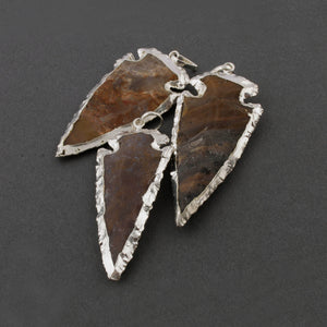 3 Pcs Brown Jasper Arrowhead 925 Silver Plated Single Bail Pendant -  Electroplated With Silver Edge - 57mmx24mm-64mmx27mm AR272 - Tucson Beads
