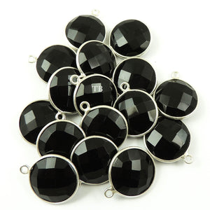 4 Pcs Black Onyx 925 Sterling Silver Faceted Round Single Bail Pendant - 18mmx15mm SS313 - Tucson Beads