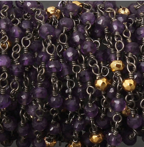 5 Feet Amethyst 3mm-3.5mm Gold Pyrite Black Wire Rosary Beaded Chain - Beads wire wrapped chain Bdb012 - Tucson Beads