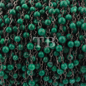 5 Feet Malachite Smooth Rosary Style Beaded Chain - Black Wire Wrapped Chain 3mm SC250 - Tucson Beads