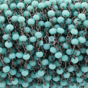 5 Feet Blue Chalcedony 3mm Rosary Style Beaded Chain -Chalcedony Beads 24k Gold Plated / Black Wire Wrapped Chain SC098 (You Choose) - Tucson Beads