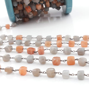 1 Feet  Multi Moonstone Cubes Beaded Chain - Moonstone Cubes Black wire wrapped Chain By foot BSC031 - Tucson Beads