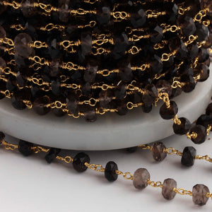 5 Feet Smoky Quartz Rondelles Rosary Style 4.5mm-5mm Beaded Chain - Smoky Quartz Beads Wire Wrapped 24k Gold Plated Chain BD1112 - Tucson Beads