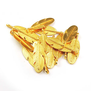 5 Pcs Beautiful Feather Bead 24K Gold Plated on Copper Pendant - Leaf Pendant  31mmx10mm  GPC351 - Tucson Beads