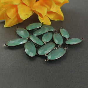 13 Pcs Aqua Chalcedony Oxidized Sterling Silver Faceted Oval Pendant, Connector - SS437 - Tucson Beads