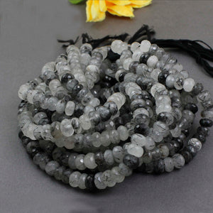 1 Strand Black Rutile Faceted Rondelles - Tourmilated Quartz Faceted Roundelles Beads 8mm-10mm 10 Inches BR1384 - Tucson Beads