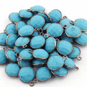10 Pcs Turquoise Oxidized Sterling Silver Faceted Round Single Bail Connector - 14mmx11mm SS422 - Tucson Beads
