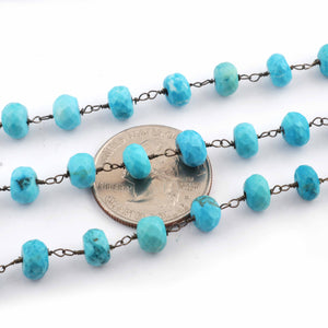 1 Feet Turquoise Stablized Rondelles 7mm-8mm Oxidized Silver Plated Rosary Beaded Chain - wire wrapped chain SC262 - Tucson Beads