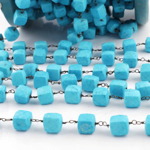 1 Foot Turquoise Cube Shape 6mm-7mm Oxidized Silver Plated Rosary Beaded Chain - wire wrapped chain SC264 - Tucson Beads