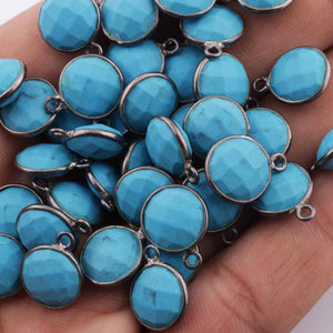 10 Pcs Turquoise Oxidized Sterling Silver Faceted Round Single Bail Connector - 14mmx11mm SS422 - Tucson Beads