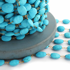 1 Foot Turquoise Oval Shape  10mmx8mm-11mmx9mm 24k Gold Plated Rosary Beaded Chain - wire wrapped chain SC260 - Tucson Beads