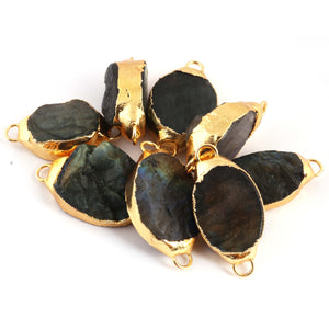 8 Pcs Natural Labradorite Oval Shape Bezel Connector ,Gold Plated Double Bail  Connector,Natural Shimmer Gray Gemstone DRZ276 - Tucson Beads