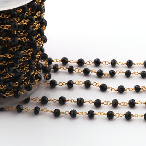 5 FEET Black Onyx Rondelle Rosary Style Beaded Chain 5mm, Wire Wrapped 24k Gold Plated Chain SC404 - Tucson Beads
