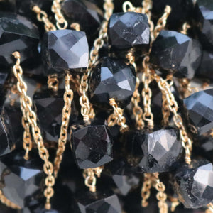 3 Feet Black Onyx Faceted Cube Beaded Chain - Black Onyx Faceted Cubes wire wrapped 24k Gold plated Rosary Chain 9mm-10mm SC415 - Tucson Beads