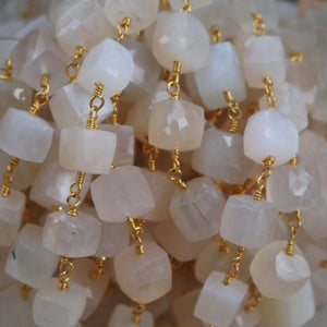 1 Feet Multi Moonstone Cubes Beaded Chain - Moonstone Cubes wire wrapped 24k Gold plated Chain SC417 - Tucson Beads