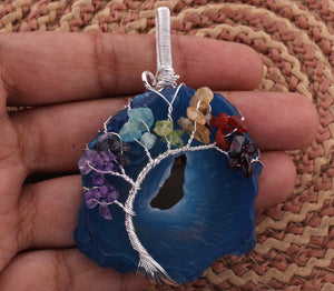 Shaded Blue  Agate Silver Plated tree of life Pendant, Tree of life pendant, Family tree Pendant,(YOU CHOOSE)HS034 - Tucson Beads