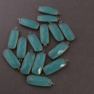 5 Pcs Blue Aqua Chalcedony Faceted Rectangle Shape Oxidized Silver Plated Connector/Pendant  33mmX11mm-30mmX11mm PC048 - Tucson Beads