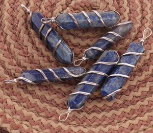 1 Pc Sodalite  Spiral Wire Wrapped Pencil Point Pendant Gemstone- Silver Wire Wrapped Pendant HS089 - Tucson Beads