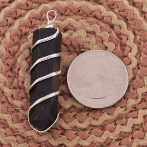 1 Pc Black Obsidian  Spiral Wire Wrapped Pencil Point Pendant Gemstone- Silver Wire Wrapped Pendant HS094 - Tucson Beads