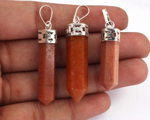 1 PC Sunstone Pencil Point Gemstone Crystal 925 Silver Plated Pendant - Silver Toned Ornate Pendant 33mmx9mm-42mmx9mm HS169 - Tucson Beads