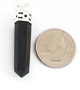 1 PC Black Obsidian Pencil Point Gemstone Crystal 925 Silver Plated Pendant - Silver Toned Ornate Pendant 39mmx7mm-43mmx9mm HS174 - Tucson Beads