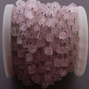 1 Feet ROSE QUARTZ Faceted Cubes Beaded Chain - Sterling Oxidised Wrapped Rosary Style Beaded Chain 6mm-9mm SC395 - Tucson Beads