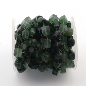 2  Feet Seraphinite Cube Beaded Chain - Seraphinite Cube Beads wire wrapped Oxidied Silver plated chain SC402 - Tucson Beads