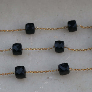 3 Feet Black Onyx Faceted Cube Beaded Chain - Black Onyx Faceted Cubes wire wrapped 24k Gold plated Rosary Chain 9mm-10mm SC415 - Tucson Beads