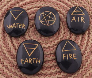 Five Elements Black Obsidian Gemstone Palm Stone Set Water, Fire, Air, Earth, Spirit Ayurveda Healing & Ritual Tools Carved Cobochon HS013 - Tucson Beads