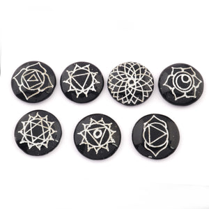 7 Pcs Set Black Obsidian Reiki Chakra Set ~ Perfect Healing,   Round Engraved Set Healing Gemstone 30mm HS066 - Tucson Beads
