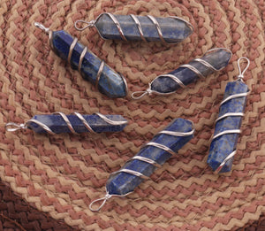 1 Pc Sodalite  Spiral Wire Wrapped Pencil Point Pendant Gemstone- Silver Wire Wrapped Pendant HS089 - Tucson Beads