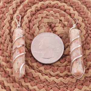 1 Pes Sunstone  Spiral Wire Wrapped Pencil Point Pendant Gemstone- Silver Wire Wrapped Pendant HS0115 - Tucson Beads