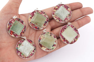 1 PC Round Green Aventurine  Chakra Orgone Round Shape Pendant- Reiki Healing Stone Crystal Energy 925 Silver Plated Pendant 36mmx13mm HS136 - Tucson Beads